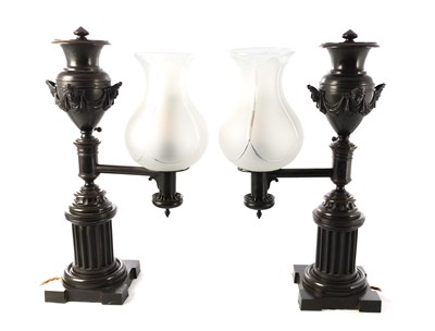 Lot 795 - A GOOD PAIR OF 19TH CENTURY ELECTRIFIED BRONZE COLZA OIL LAMPS AND SHADES