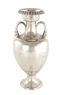 Lot 301 - A LATE 19TH CENTURY SILVER VASE OF LARGE SIZE WITH ENGRAVED GRECIAN DECORATION
