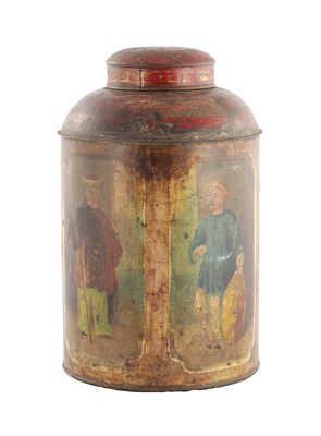 Lot 915 - A 19TH CENTURY RED TOLEWARE PAINTED TEA CANISTER