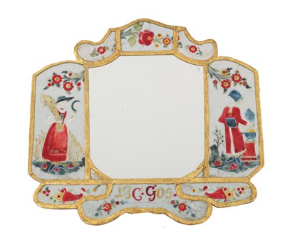 Lot 807 - AN UNUSUAL EARLY 19TH CENTURY GILT MIRROR initialed C.G and dated 1805