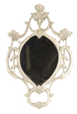 Lot 1360 - AN 18TH CENTURY CARVED LATER PAINTED HANGING MIRROR IN THE CHIPPENDALE DESIGN