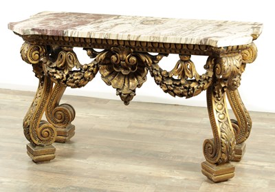 Lot 1711 - A DECORATIVE 19TH CENTURY GILT MARBLE TOPPED PIER TABLE IN THE MANNER OF WILLIAM KENT