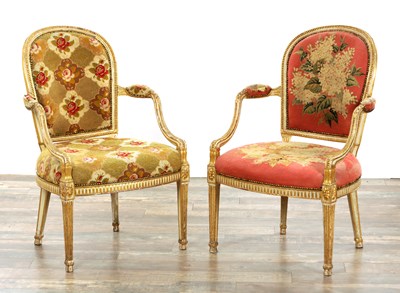 Lot 1283 - A PAIR OF LATE 18TH CENTURY ENGLISH PAINTED AND PARCEL GILT UPHOLSTERED CHAIRS