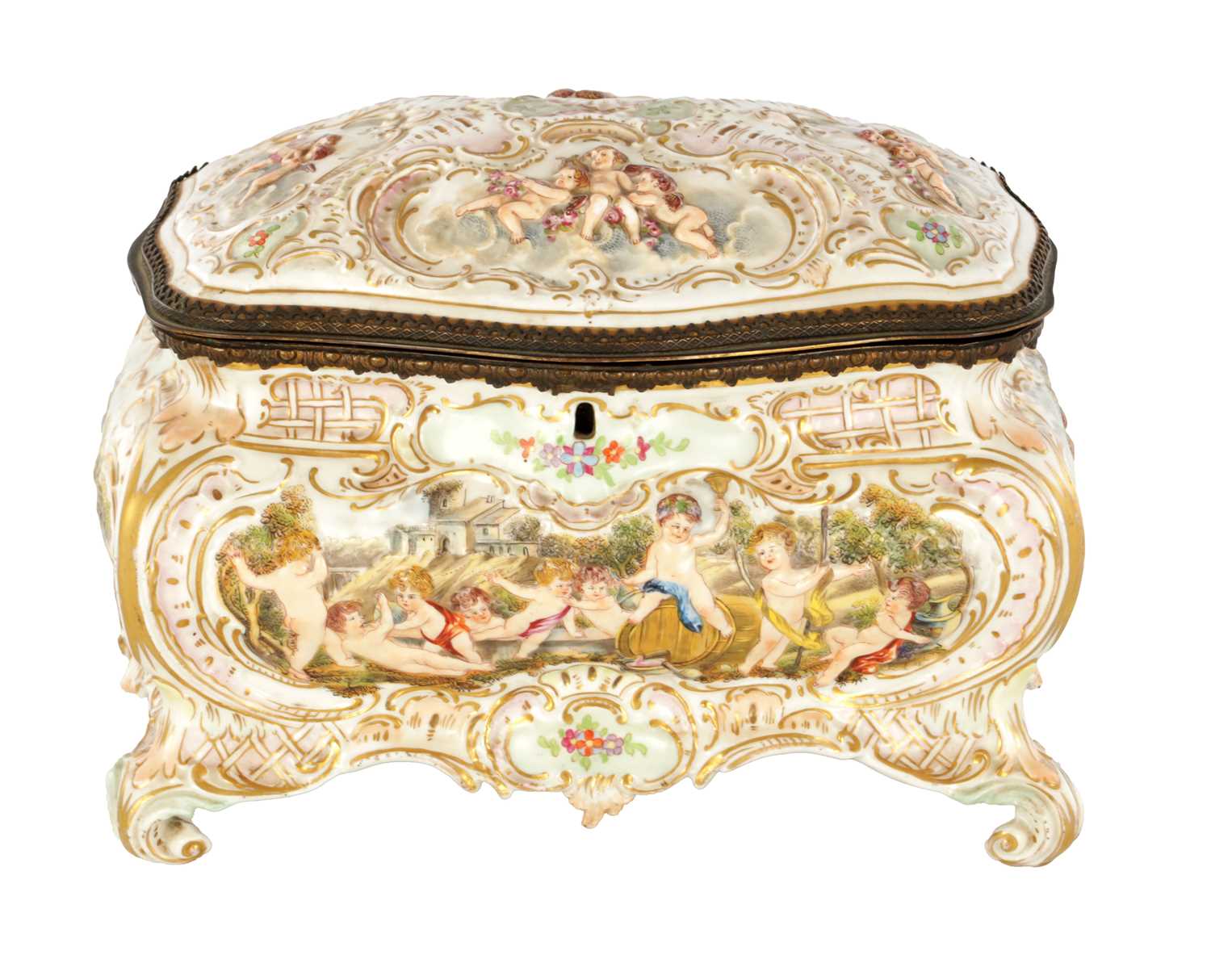 Lot 78 - A LATE 19TH CENTURY ITALIAN CAPODIMONTE GILT METAL MOUNTED PORCELAIN TABLE JEWELLERY CASKET