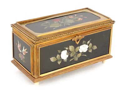 Lot 925 - A 19TH CENTURY PIETRA DURA PANELLED CAST GILT BRASS TABLE CASKET