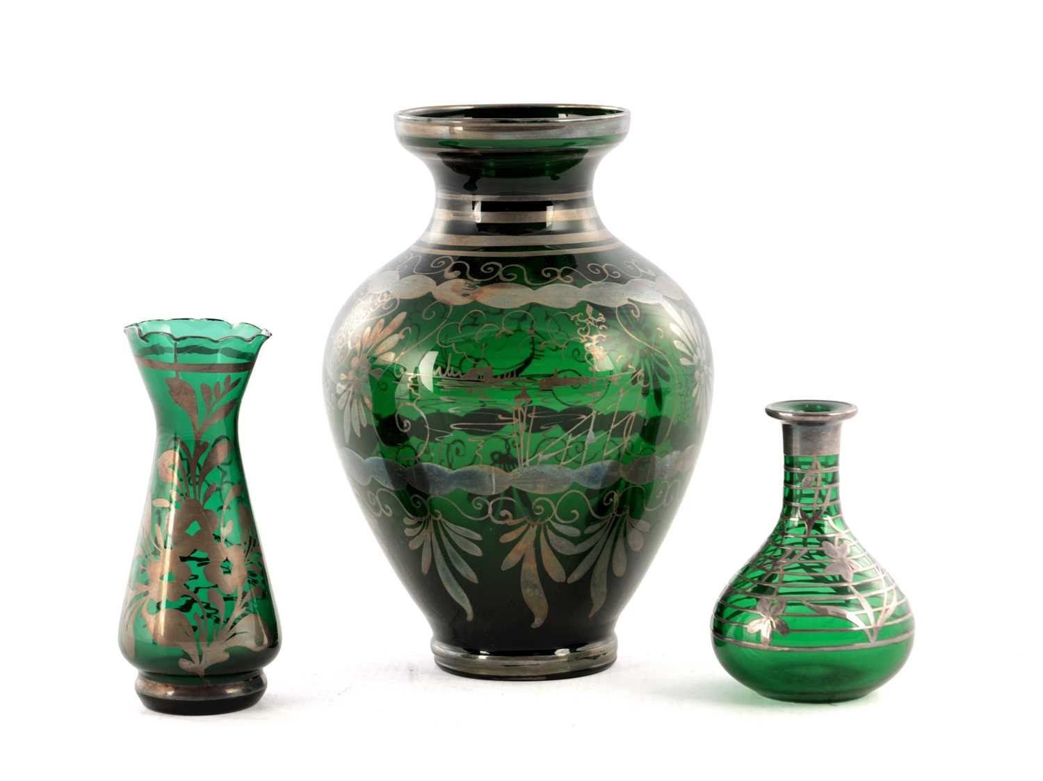 Lot 15 - THREE 20TH CENTURY GREEN GLASS VASES