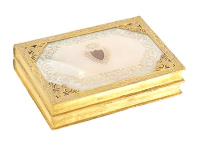 Lot 594 - A LATE 19TH CENTURY FRENCH PALAIS ROYALE ORMOLU MOUNTED MOTHER-OF-PEARL ETUI