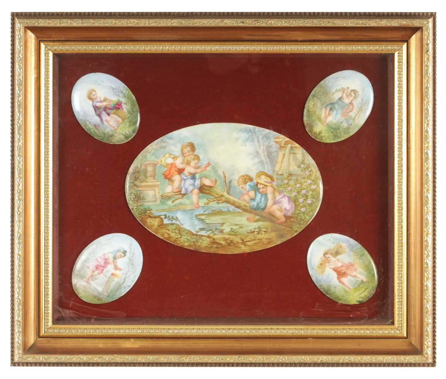 Lot 50 - A CASED SET OF FIVE 19TH CENTURY CONTINENTAL PORCELAIN PLAQUES