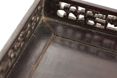 Lot 121 - A FINELY CARVED 18TH CENTURY CHINESE HARDWOOD TRAY POSSIBLY ZITAN