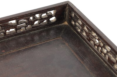 Lot 121 - A FINELY CARVED 18TH CENTURY CHINESE HARDWOOD TRAY POSSIBLY ZITAN