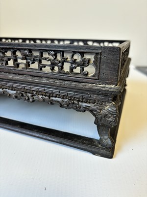 Lot 121 - A FINELY CARVED 18TH CENTURY CHINESE HARDWOOD TRAY POSSIBLY ZITAN