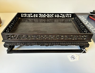 Lot 121 - A FINELY CARVED 18TH CENTURY CHINESE HARDWOOD TRAY POSSIBLY ZITAN