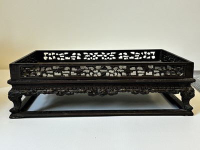 Lot 121 - A FINELY CARVED 18TH CENTURY CHINESE HARDWOOD TRAY POSSIBLY ZITAN