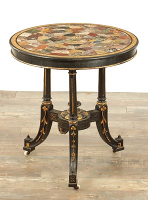 Lot 1350 - A 19TH CENTURY SPECIMEN MARBLE TOPPED EBONISED AND GILT HIGH-LIGHTED OCCASIONAL TABLE