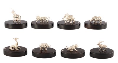 Lot 454 - PATRICK MAVROS. A SET OF EIGHT ZIMBABWEAN NOVELTY SILVER MENU CARDHOLDERS