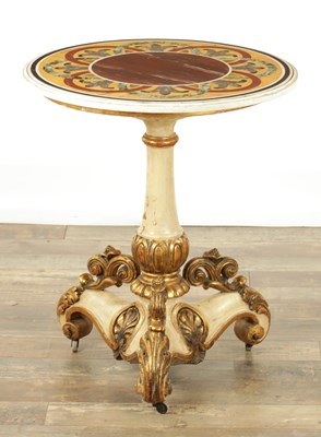 Lot 1215 - A 19TH CENTURY INLAID MARBLE TOPPED PAINTED AND PARCEL GILT DECORATED OCCASIONAL TABLE