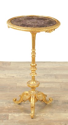 Lot 1314 - A REGENCY CARVED GILT WOOD AND FLOURSPAR TOPPED OCCASIONAL TABLE