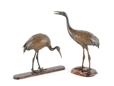 Lot 196 - A PAIR OF JAPANESE MEIJI PERIOD BRONZE SCULPTURES OF CRANES