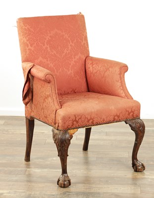 Lot 1312 - A GEROGE III MAHOGANY UPHOLSTERED ARMCHAIR