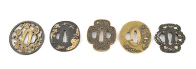 Lot 185 - A COLLECTION OF FIVE JAPANESE MIXED METAL, BRONZE AND BRASS TSUBAS
