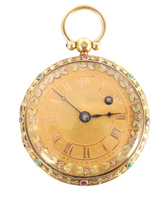 Lot 1441 - GAULIN, PARIS. AN EARLY 19TH FRENCH TRI-COLOURED 18CT GOLD JEWEL MOUNTED POCKET WATCH