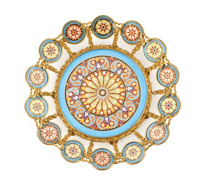 Lot 721 - A 19TH CENTURY CONTINENTAL ENAMELLED PORCELAIN AND ORMOLU MOUNTED PLATE