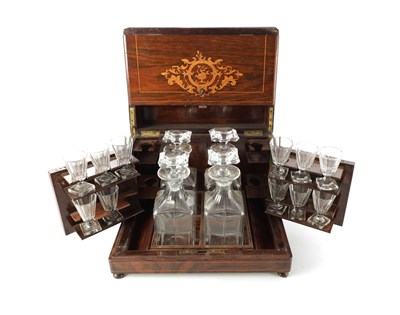 Lot 1073 - A LATE 19TH CENTURY FRENCH ROSEWOOD AND BOXWOOD STRUNG TANTALUS