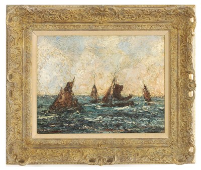Lot 1044 - HERBERT ROYLE (1870-1958). AN OIL ON CANVAS "HERRING BOATS OFF SOUTHPORT"
