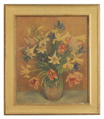 Lot 990 - MARGARET GRAEME NIVEN (1906-1997). AN OIL ON BOARD "SPRING FLOWERS"