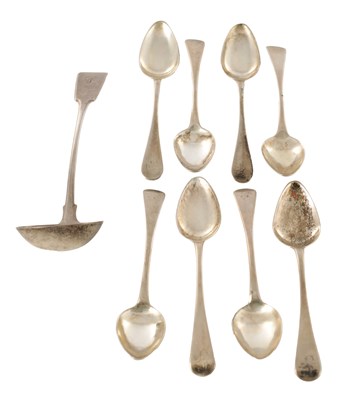 Lot 490 - A SET OF EIGHT PROVINCIAL SCOTTISH SILVER 'OLD ENGLISH' PATTERN TEA SPOONS AND SAUCE LADLE