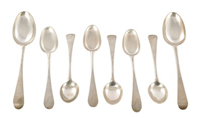 Lot 357 - A SET OF SIX PROVINCIAL SCOTTISH 'OLD ENGLISH' PATTERN DESSERT SPOONS AND TWO TABLESPOONS