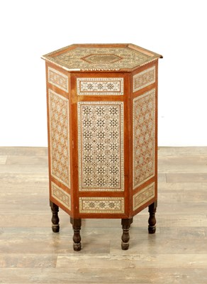 Lot 138 - A 19TH CENTURY ANGLO INDIAN HEXAGONAL SHAPED BONE INLAID HARDWOOD TABLE