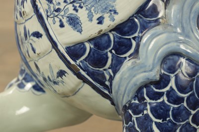 Lot 43 - A PAIR OF DELFT BLUE AND WHITE PORCELAIN MYTHICAL QILINS