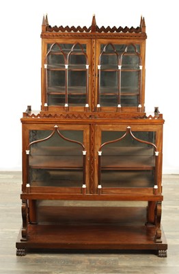 Lot 1323 - AN UNUSUAL 19TH CENTURY GOTHIC STYLE MAHOGANY ROSEWOOD AND IVORY GLAZED DISPLAY CABINET