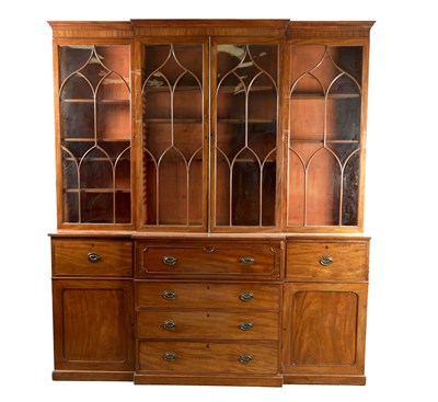Lot 1738 - A GEORGE III MAHOGANY SECRETAIRE BREAKFRONT BOOKCASE