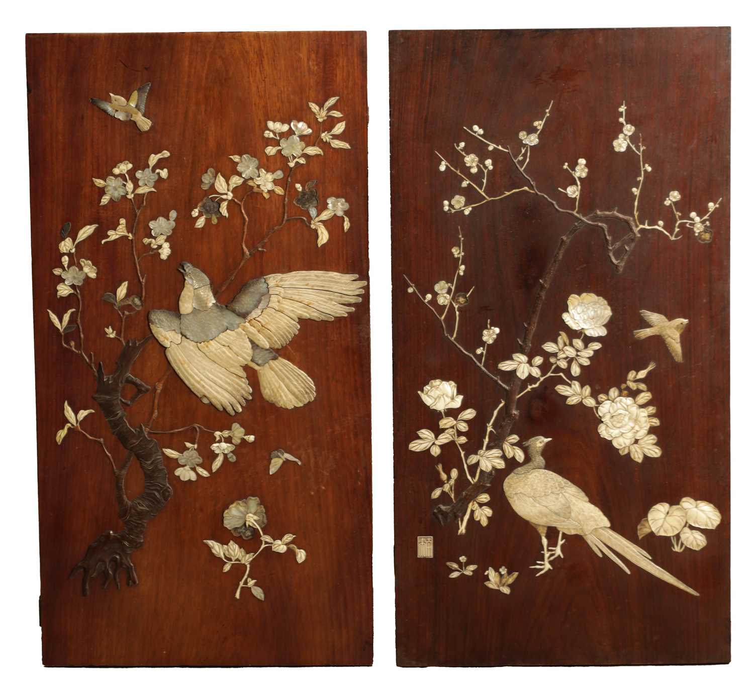 Lot 166 - A PAIR OF 19TH CENTURY JAPANESE SHIBAYAMA HARDWOOD HANGING PLAQUES
