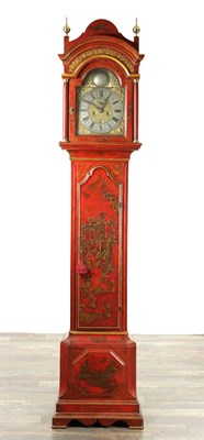 Lot 1543 - JOSEPH JACKEMAN JNR. LONDON BRIDGE. AN EARLY GEORGE III SCARLET LACQUER AND CHINOISERIE LONGCASE CLOCK