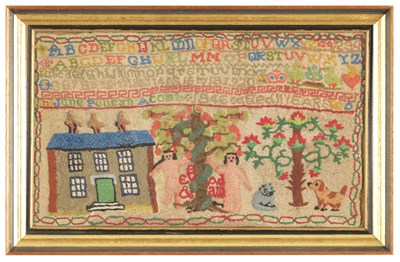 Lot 1058 - A 19TH CENTURY ADAM AND EVE SAMPLER BY JANE PULLEYN ACOMB AGED 11 YEARS