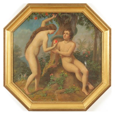 Lot 1067 - A MID 19TH CENTURY OIL ON CANVAS REVERSO OF ADAM AND EVE