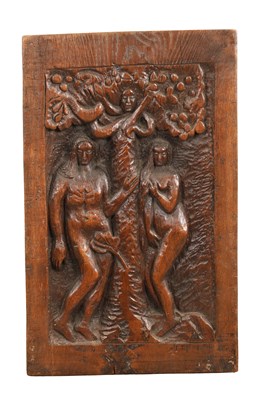 Lot 1071 - A 17TH CENTURY STYLE CARVED OAK PANEL OF ADAM AND EVE