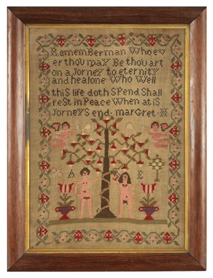 Lot 993 - A 19TH CENTURY NEEDLEWORK SAMPLER DEPICTING ADAM AND EVE