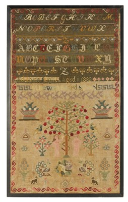 Lot 1041 - A 19TH CENTURY NEEDLEWORK SAMPLER DEPICTING ADAM AND EVE