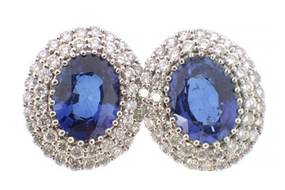 Lot 597 - A PAIR OF 18CT WHITE GOLD, SAPPHIRE AND DIAMOND EARRINGS