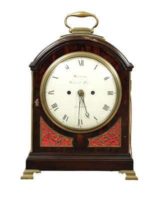 Lot 1747 - HAMLEY, WARWICK PLACE, LONDON. A ENGLISH REGENCY PAD TOP VERGE BRACKET CLOCK