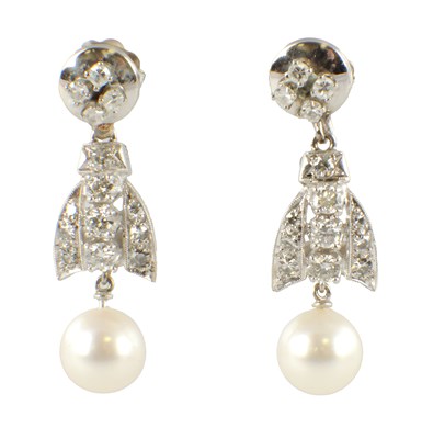 Lot 560 - A PAIR OF 18CT WHITE GOLD, DIAMOND AND PEARL PENDANT EARRINGS