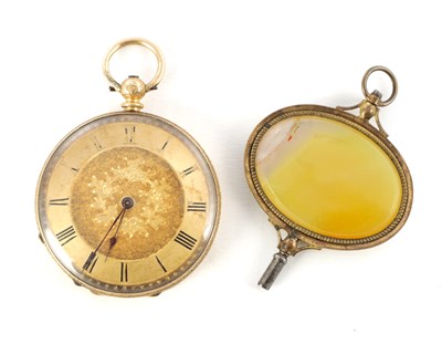 Lot 1418 - AN 18CT GOLD ENGRAVED OPEN FACED FOB WATCH