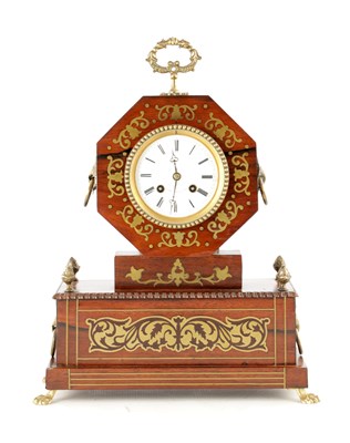 Lot 1685 - A LATE 19TH CENTURY ROSEWOOD BRASS INLAID SPRING DRIVEN EIGHT-DAY MANTEL CLOCK