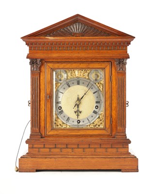 Lot 1484 - A 19TH CENTURY OAK THREE TRAIN W&H QUATER CHIMING MANTEL CLOCK