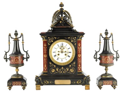 Lot 1559 - A GOOD 19TH CENTURY BLACK SLATE AND ROUGE MARBLE CLOCK GARNITURE
