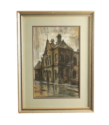 Lot 981 - HAROLD RILEY. A 20TH CENTURY CHARCOAL DRAWING OF A TOWNHOUSE